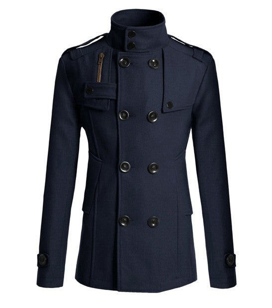 Men's Double-Breasted Peacoat with Stand Collar, Shoulder Straps, and Tailored Silhouette Mune Fashion