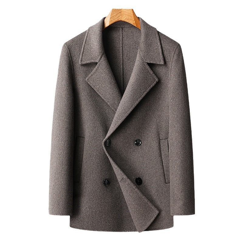 Men's Double-Breasted Wool Short Coat with Notched Lapel and Slash Pockets Mune Fashion