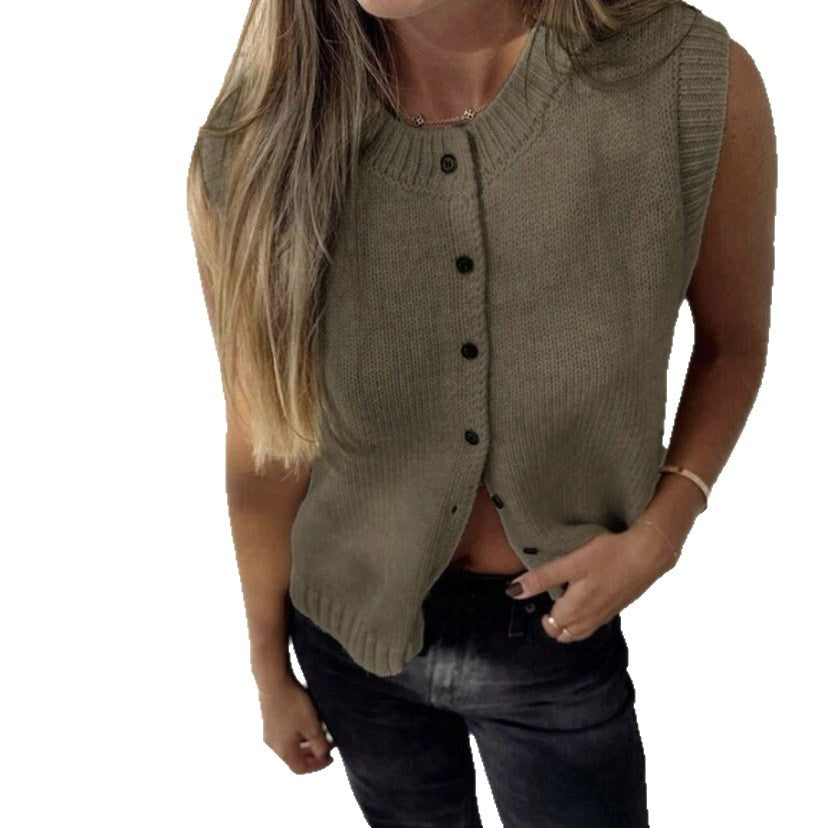 Women knitted sleeveless button vest with ribbed collar Mune Fashion
