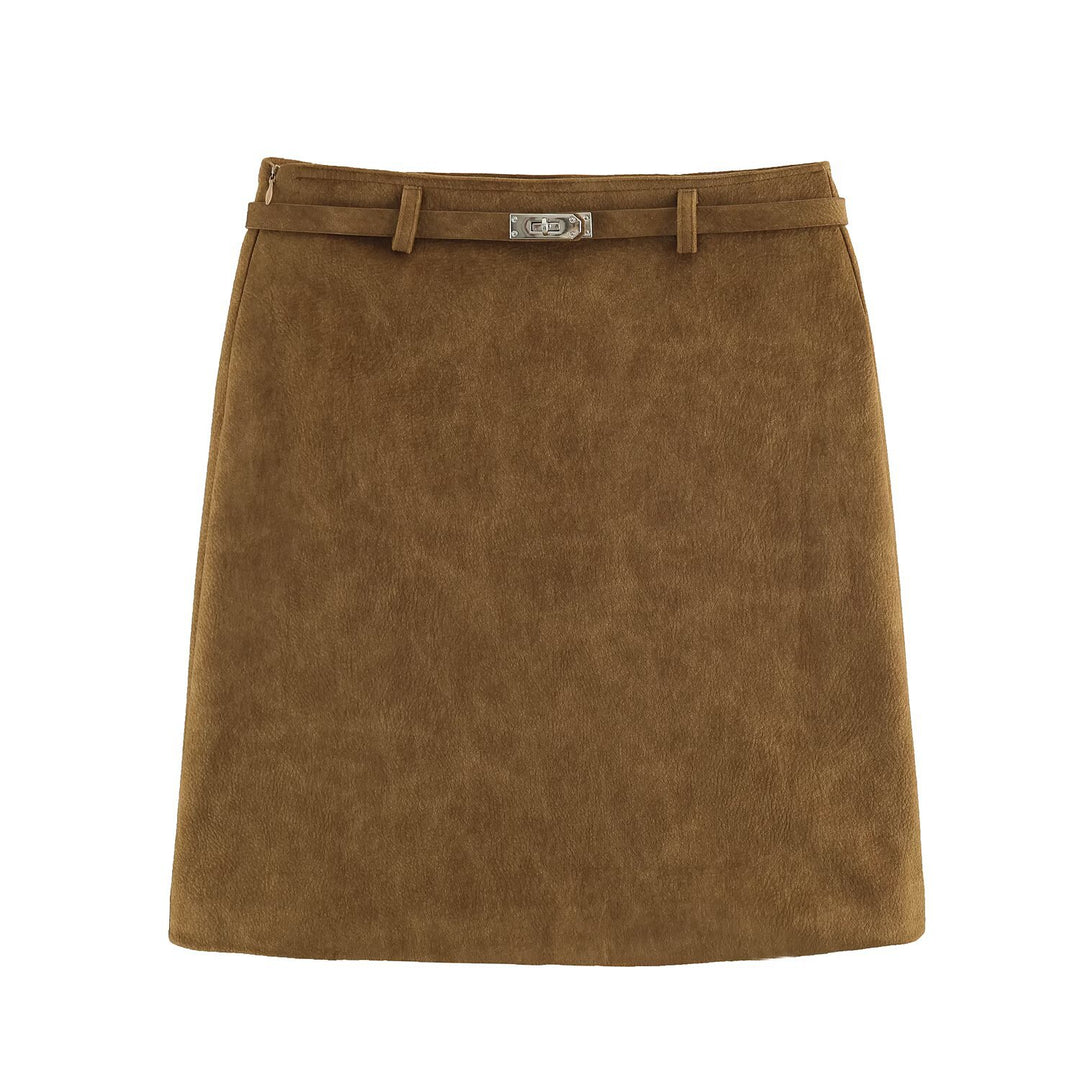 Women A-line mini skirt made of faux suede with narrow decorative belt Mune Fashion