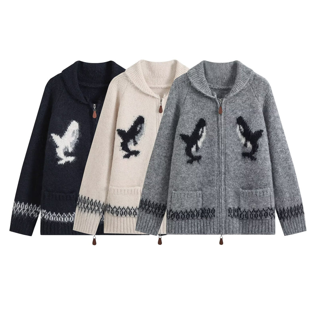 Women's chunky knit zip cardigan with shawl collar and intarsia motif Drune