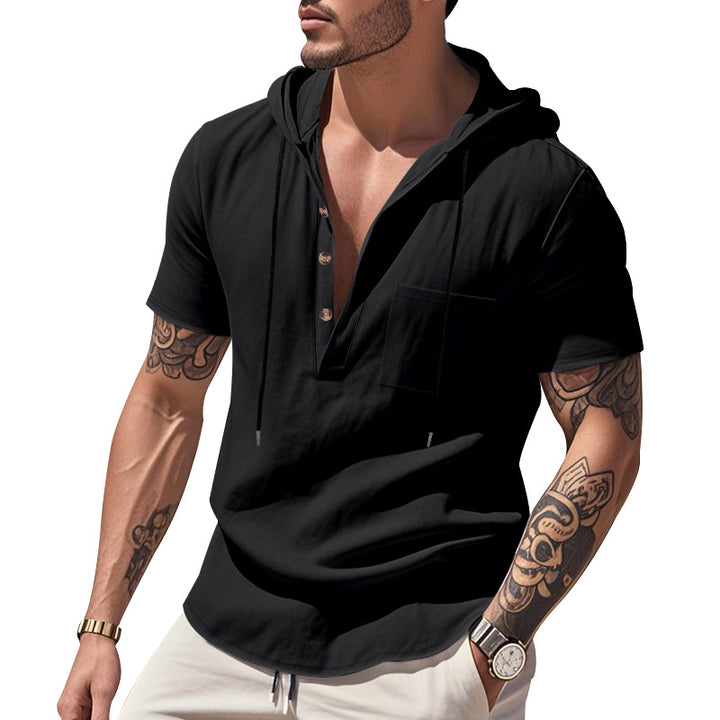 Men's lightweight short-sleeve hooded Henley made of single jersey with chest pocket and contrast drawstring Mune Fashion