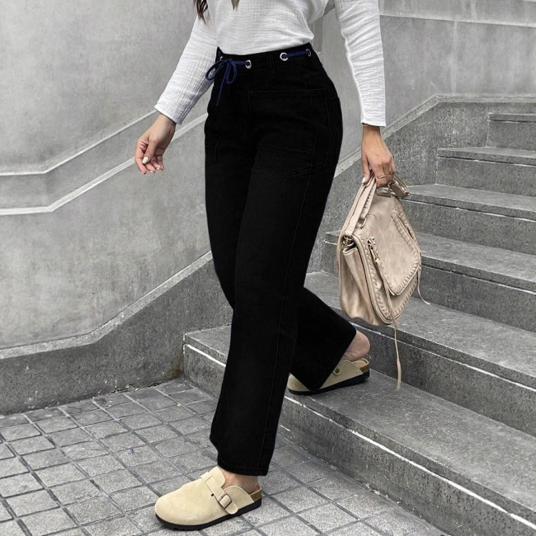 Women's high-waisted jeans with straight leg, drawstring waistband, and patch pockets Mune Fashion