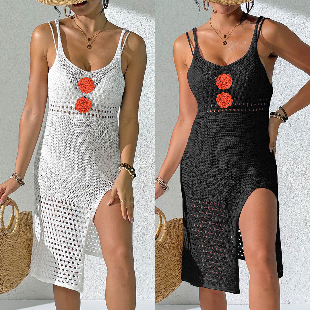 Women's Crochet Beach Dress with Sexy Slit and Flower Appliqués Mune Fashion