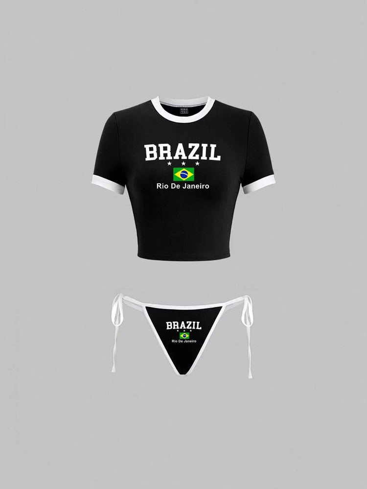 Women's set of cropped belly-free T-shirt and adjustable bikini bottom with Brazil print Mune Fashion