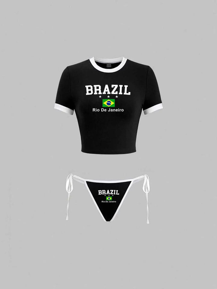 Women's set of cropped belly-free T-shirt and adjustable bikini bottom with Brazil print Mune Fashion