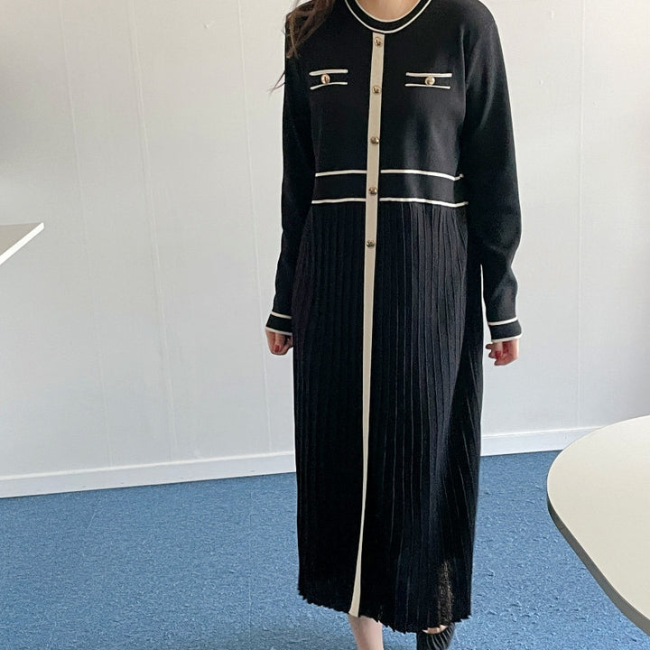 Ladies Elegant Long Knit Dress with Contrast Piping, Decorative Button Placket and Pleated Skirt Mune Fashion