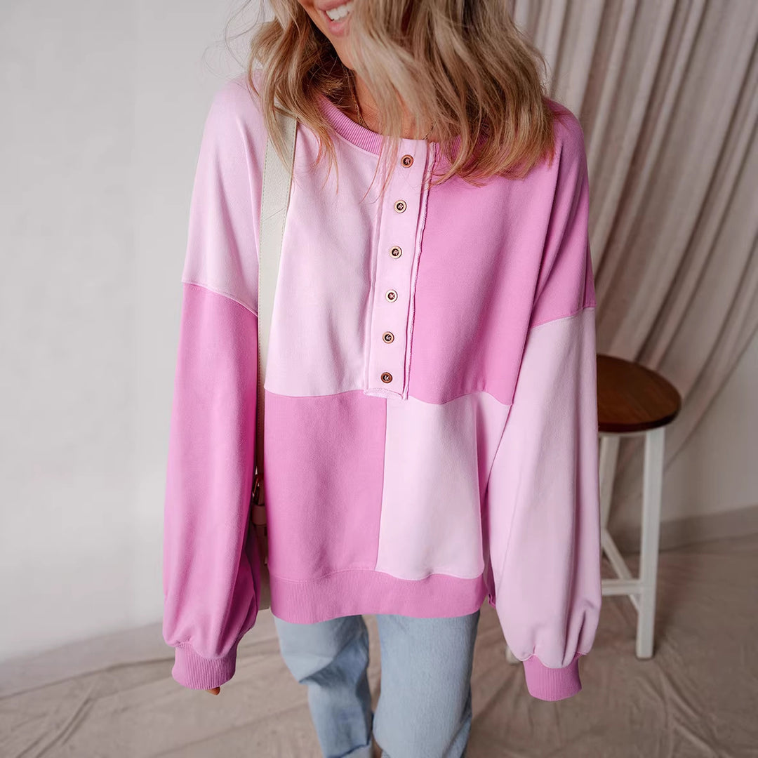 Women's Oversize Colorblock Sweatshirt with Henley Button Placket, Balloon Sleeves and Ribbed Hem Mune Fashion
