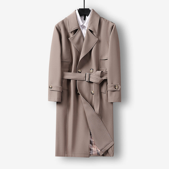 Men's Midi Length Double Breasted Trench Coat with Waist Belt, Notched Lapel and Checked Lining Mune Fashion