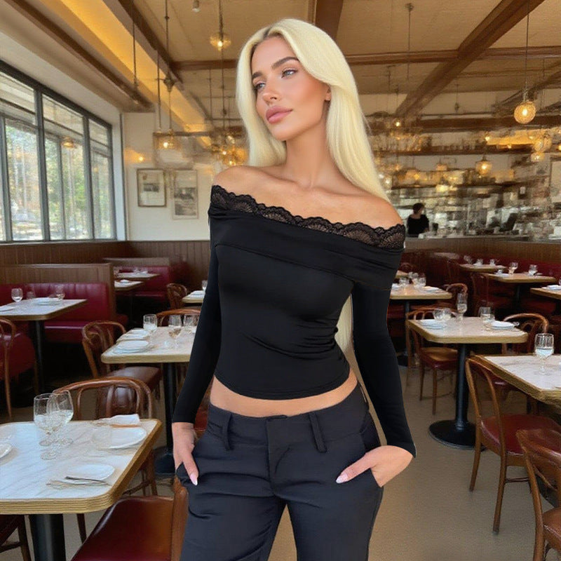 Women's Off-Shoulder Long Sleeve Top with Lace Trim and Fitted Silhouette Mune Fashion