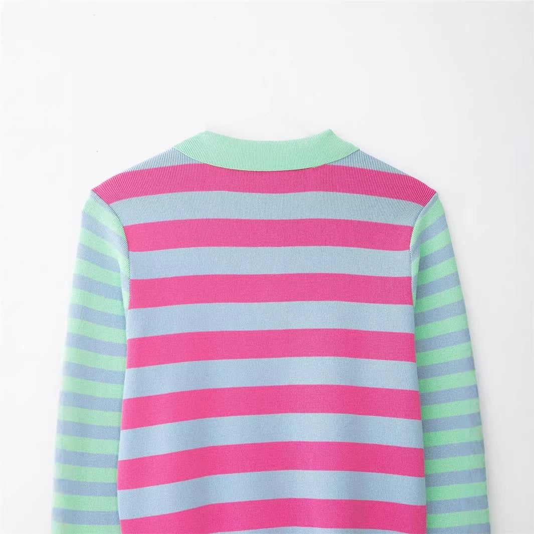 Women's Striped Short Knit Jacket with Polo Collar, Contrasting Button Placket and Ribbed Cuffs Mune Fashion