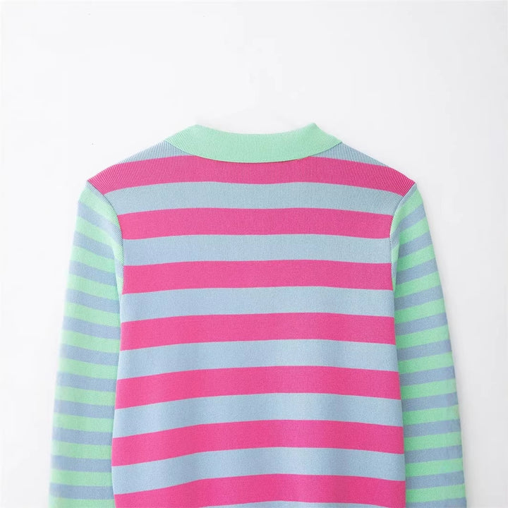 Women's Striped Short Knit Jacket with Polo Collar, Contrasting Button Placket and Ribbed Cuffs Mune Fashion
