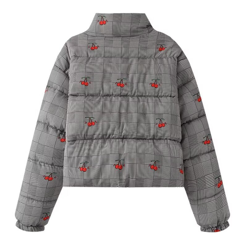 Women's short-cut quilted down-look jacket with stand-up collar and cherry embroidery Mune Fashion