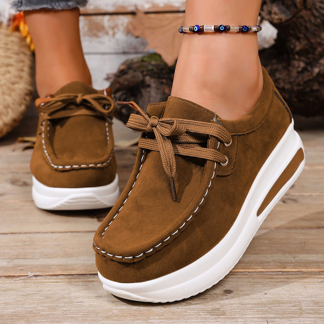 Ladies Velour Moccasin Plateau Sneaker with hidden wedge and padded comfort footbed Mune Fashion