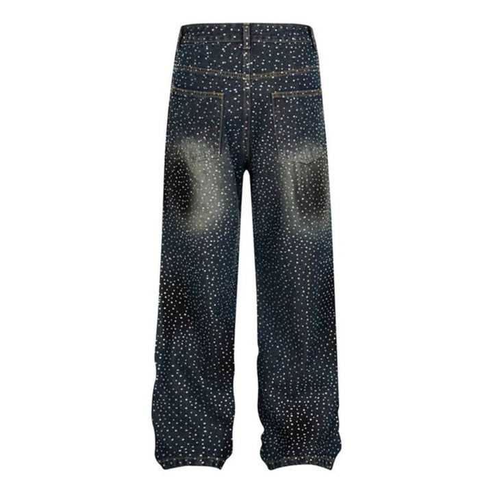 Ladies Wide High-Waist Denim Palazzo Jeans with Allover Rhinestones and Elastic Hem