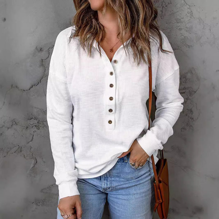 Women's Long Sleeve Waffle Shirt with Shirt Collar and Button Placket Drune