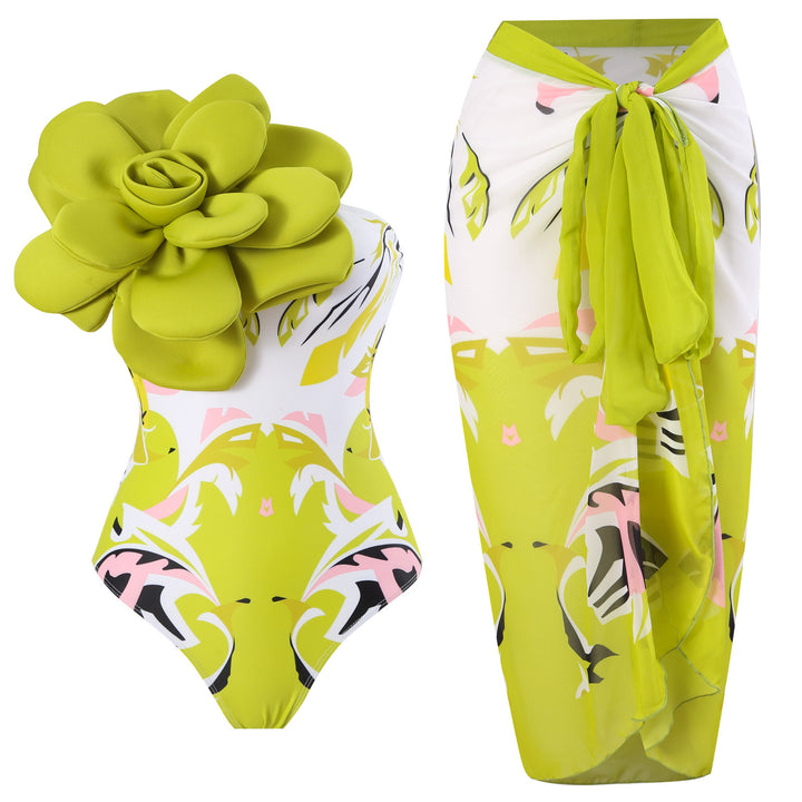 Ladies Elegant Swimsuit with Large Floral Detail and Transparent Overlay Mune Fashion