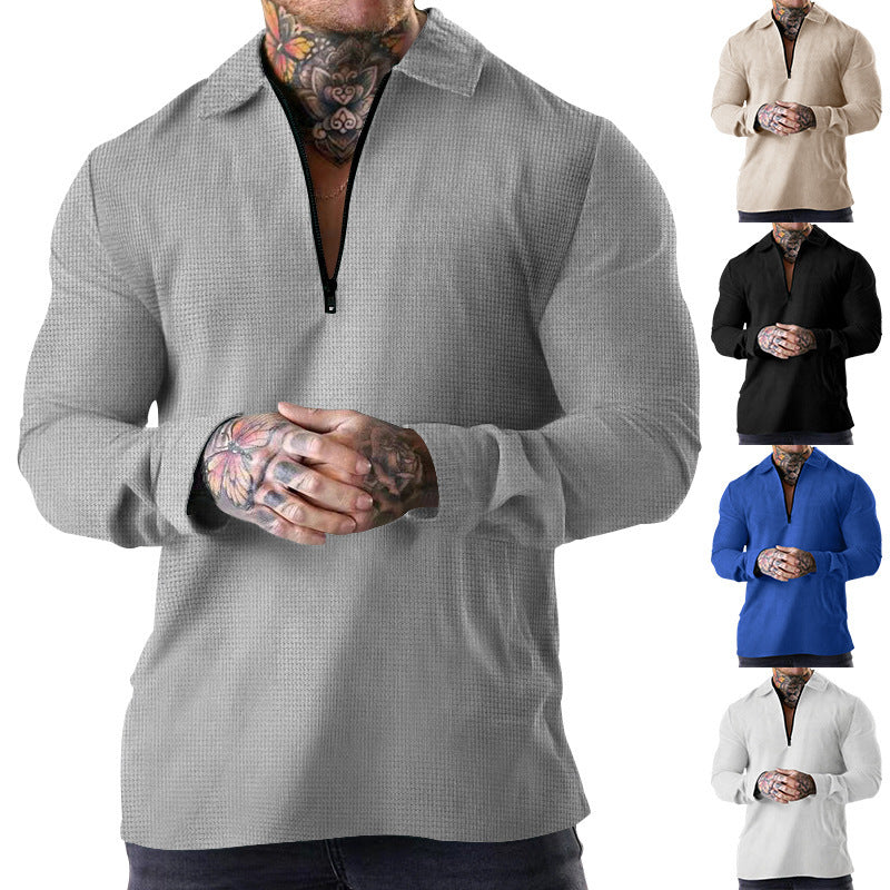 Men's narrow half-zip polo with waffle texture open Kent collar and clean minimal design Mune Fashion
