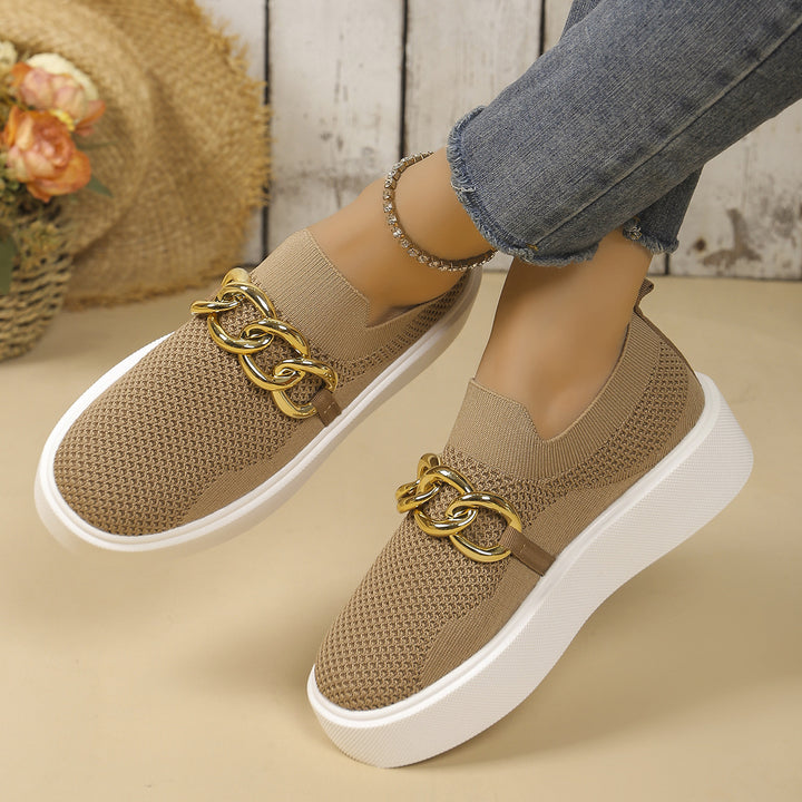 Ladies' Knit Slip-On Sneakers with Platform Sole and Eye-Catching Metal Chain Decoration Mune Fashion