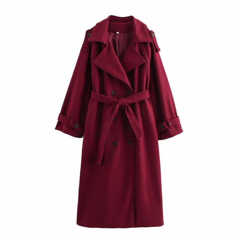 Women’s long double-breasted wool blend trench coat with belt and wide lapels Mune Fashion