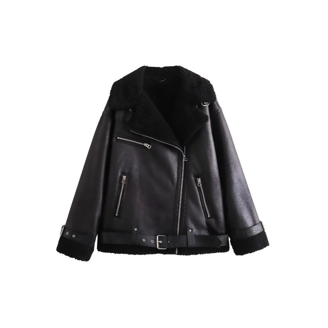 Ladies aviator jacket in biker style with teddy lining, faux leather trim and waist belt Mune Fashion