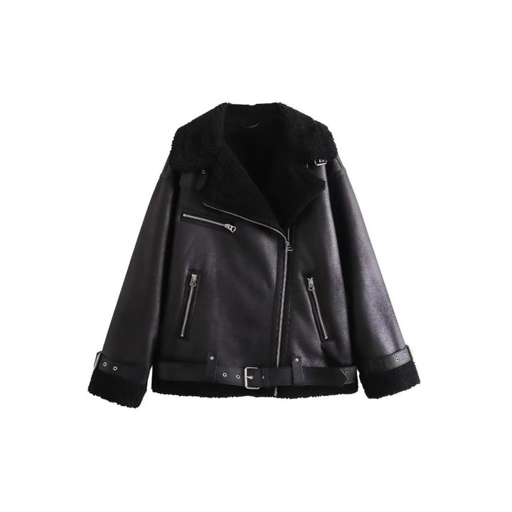 Ladies aviator jacket in biker style with teddy lining, faux leather trim and waist belt Mune Fashion