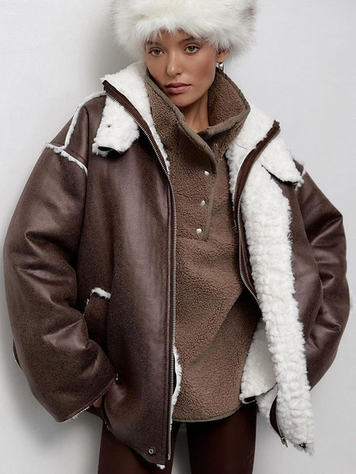 Women's Oversize Pilot Jacket in Vintage Look with Sherpa Lining and Contrast Trimmings Mune Fashion