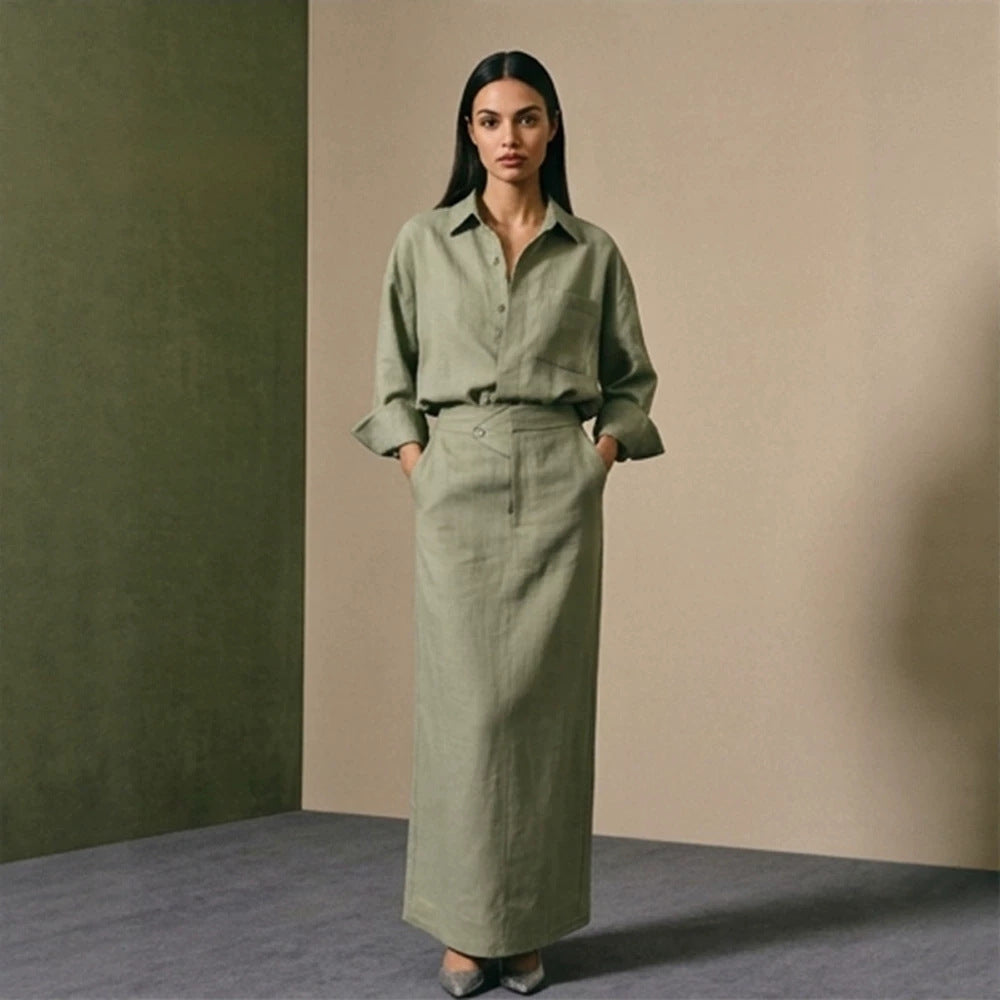 Women's Two-Piece Linen Set with Oversized Shirt and Fitted Maxi Skirt Mune Fashion