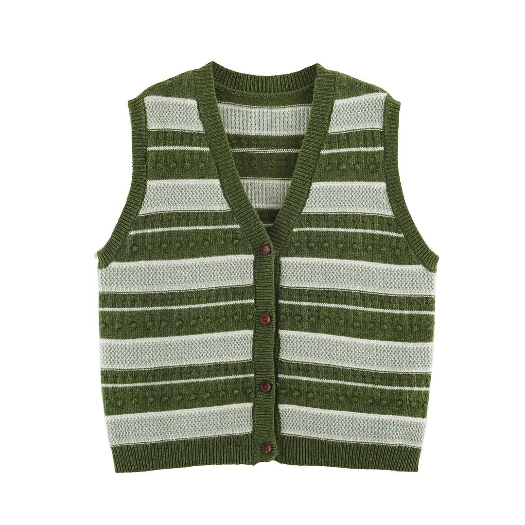 Women's fine knitted vest with V-neck, textured stripes and button placket Mune Fashion