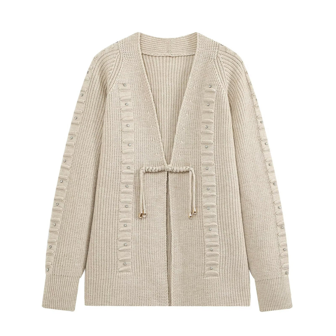 Women Chunky Knit Long Cardigan with Decorative Stones and Drawstring Ties Drune