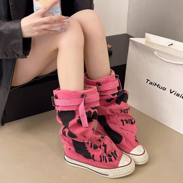 Women Casual Canvas Platform Sneakers with Split Shaft and Buckle Strap Mune Fashion