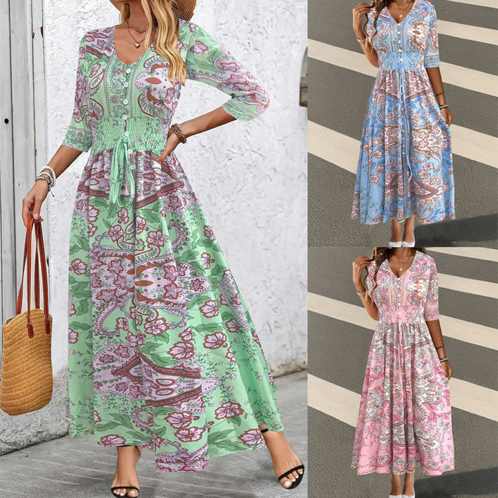 Women's Boho Maxi Dress with V-neck, Button Placket and Smocked Waist