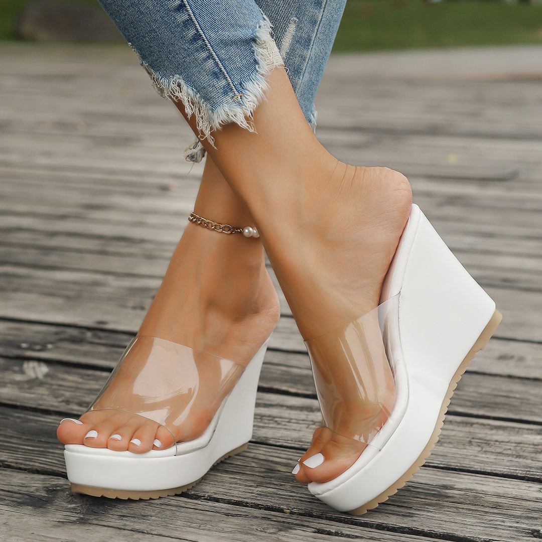 Women's transparent mules with PVC upper straps, high wedge heel, and non-slip sole Mune Fashion