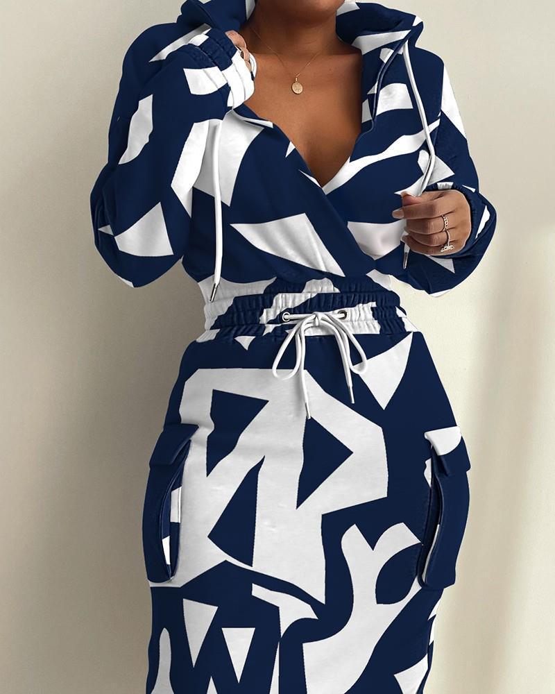 Women's Hooded Sweat Dress with V-Neck, Drawstring Waist and Cargo Pockets Mune Fashion