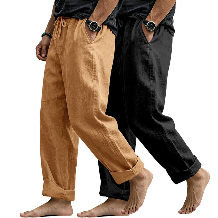 Men's Wide Comfort Casual Pants Made of Linen Blend with Drawstring, Side Pockets and Cuffed Mune Fashion