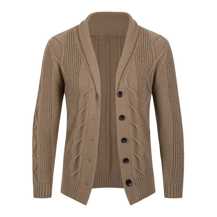 Men's Cable Knit Cardigan with Shawl Collar and Button Placket Mune Fashion