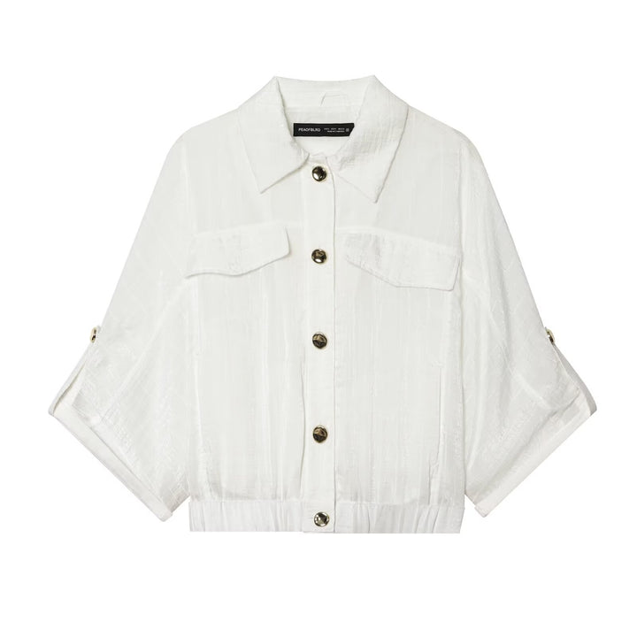 Women's Cropped Shirt Blouse with Batwing Sleeves, Breast Pockets and Elastic Waistband Mune Fashion