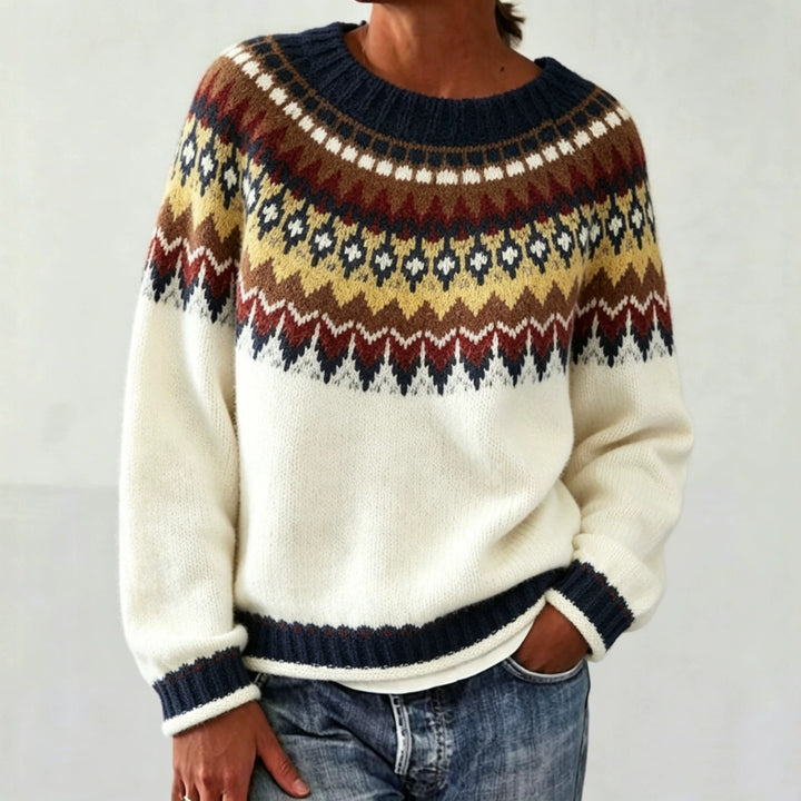 Women Round Neck Norwegian Sweater with Fair Isle Jacquard Mune Fashion