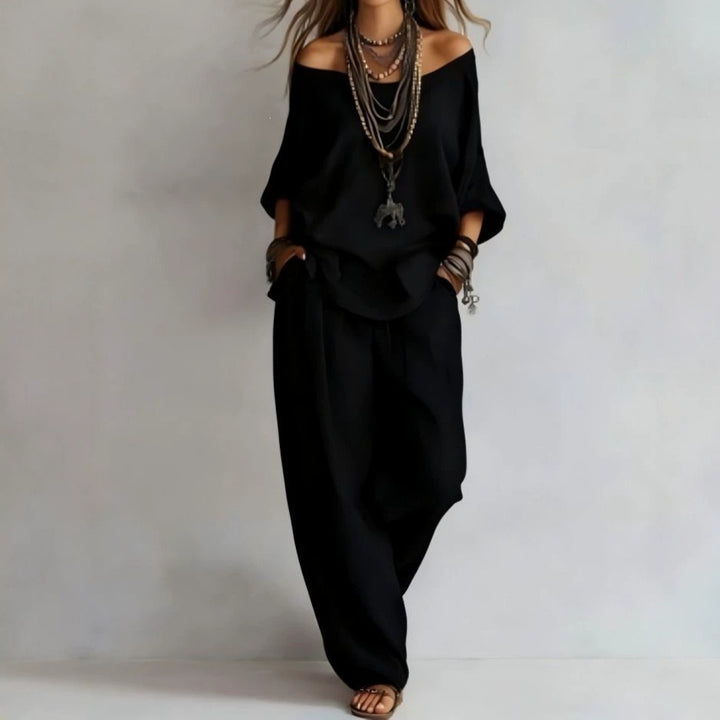 Women's Casual Lightweight Lounge Set with Off-the-Shoulder Neckline and Palazzo Pants Mune Fashion