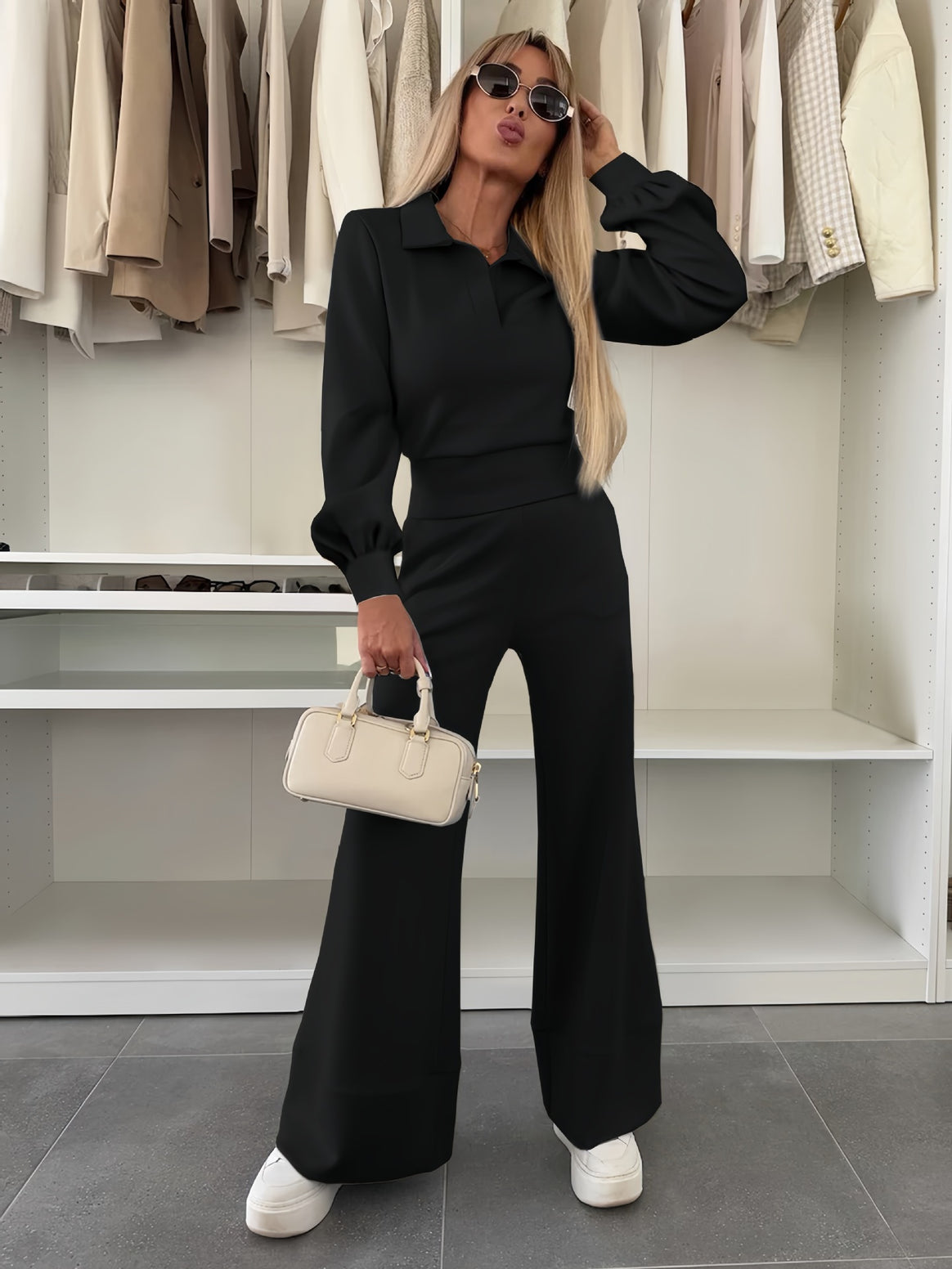 Women's Two Piece Lounge Set with Polo Collar and High Waist Palazzo Pants Mune Fashion