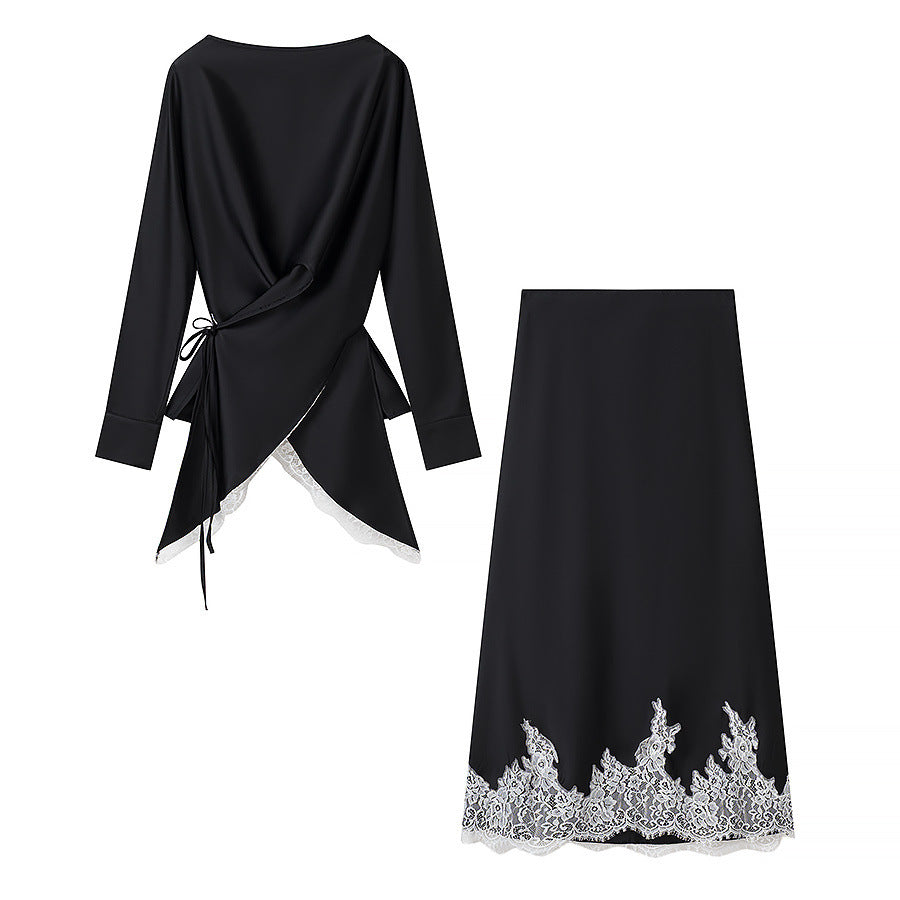 Women Two-Piece Satin Set with Wrap Blouse and Midi Skirt with Lace Trim Mune Fashion