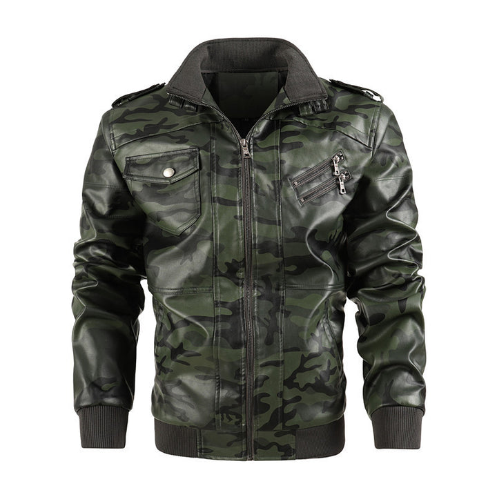 Men's Camouflage Faux Leather Biker Jacket with Shoulder Epaulettes, Zipper Detail and Ribbed Cuffs Mune Fashion