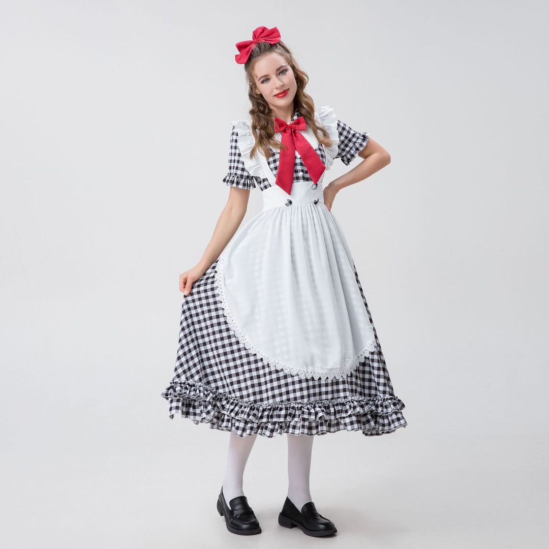 Women's vintage-inspired checked swing dress with detachable apron, ruffled sleeves, and bow collar Mune Fashion