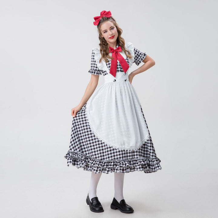 Women's vintage-inspired checked swing dress with detachable apron, ruffled sleeves, and bow collar Mune Fashion