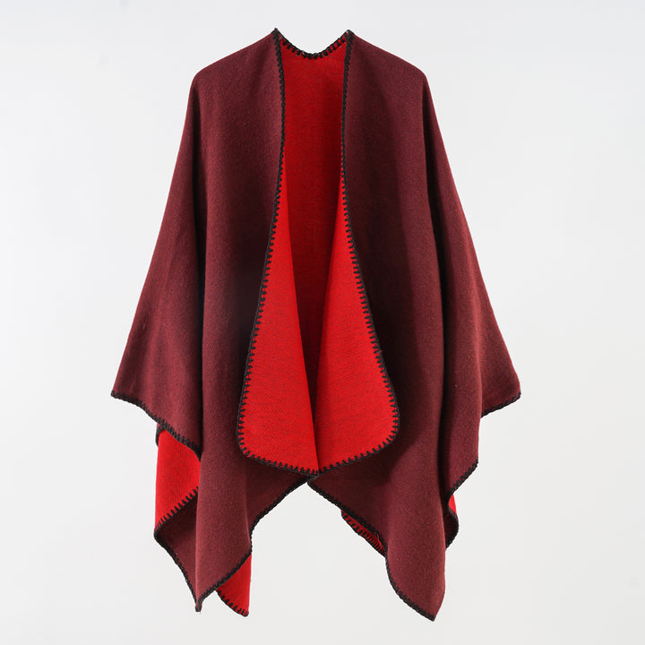 Women's Reversible Knit Poncho with Decorative Chain Stitch and Oversized Fit