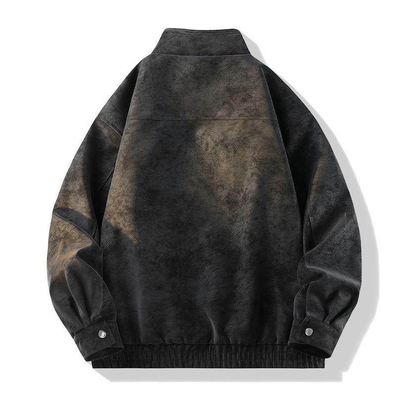 Men's Vintage Look Suede Jacket with Stand-Up Collar, Utility Pockets and Zipper Drune