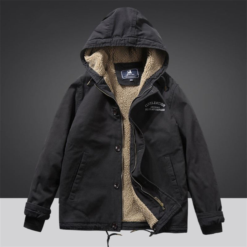 Men's Canvas Hoodie Parka with Continuous Teddy Fleece Lining and Drawstring Mune Fashion