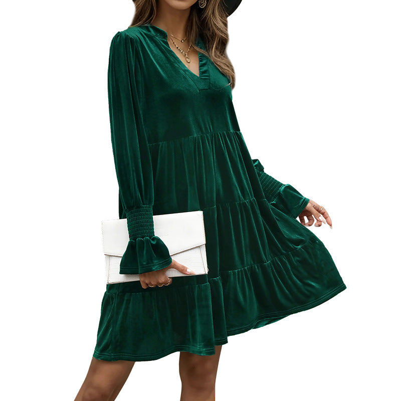 Women's velvet tiered dress with V-neck, gathered yoke, and balloon sleeves Mune Fashion