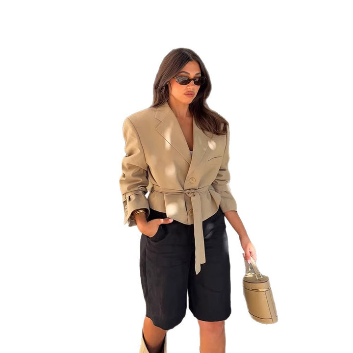 Women's Tailored Cropped Blazer with Belt and Remarkable Shoulder Area Mune Fashion