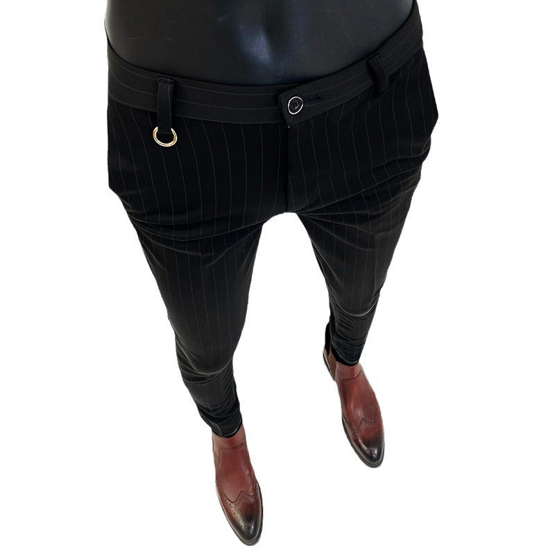 Men's slim-fit pinstripe suit trousers with elastic waistband and ring detail Mune Fashion